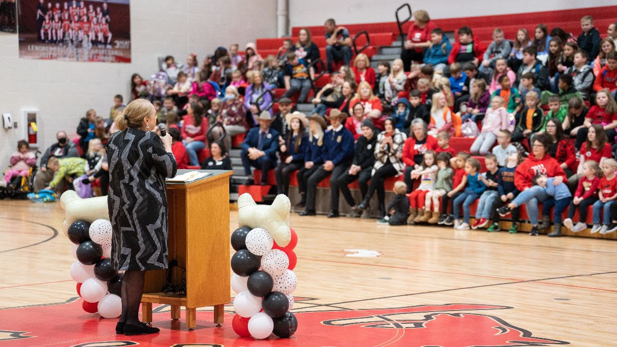 First Lady Justice speaking at Pup Rally at Lenore PK-8 School