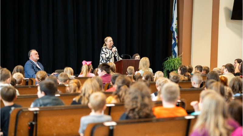 First Lady Justice speaking to students at Pup Rally