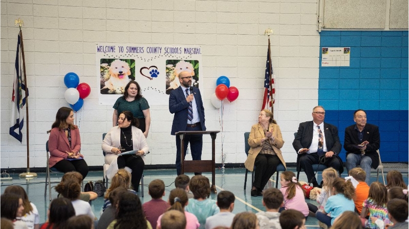 Summers County Superintendent David Warvel speaking at school assembly