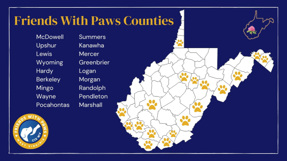 Friends With Paws Counties on a map of WV